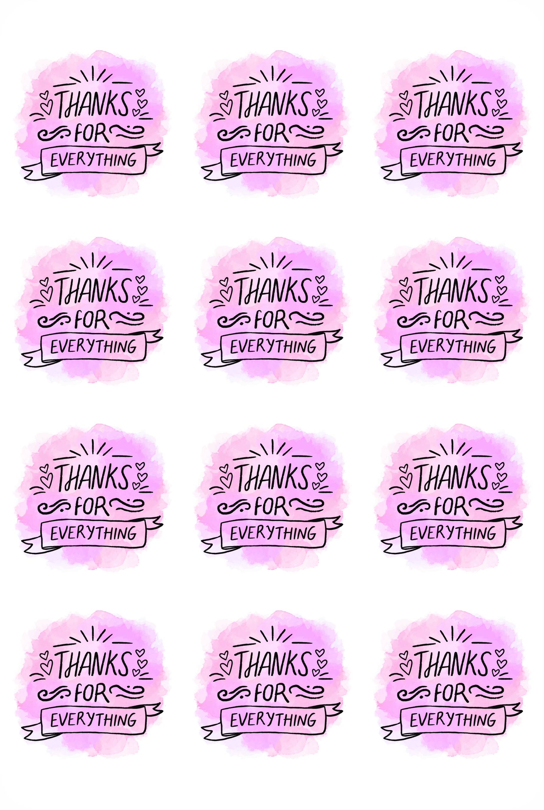 "Thanks for Everything" Pink Watercolor Sticker Sheet – 12-Pack Decorative Thank You Seals for Small Business Packaging, Shipping, and Gift Wrap