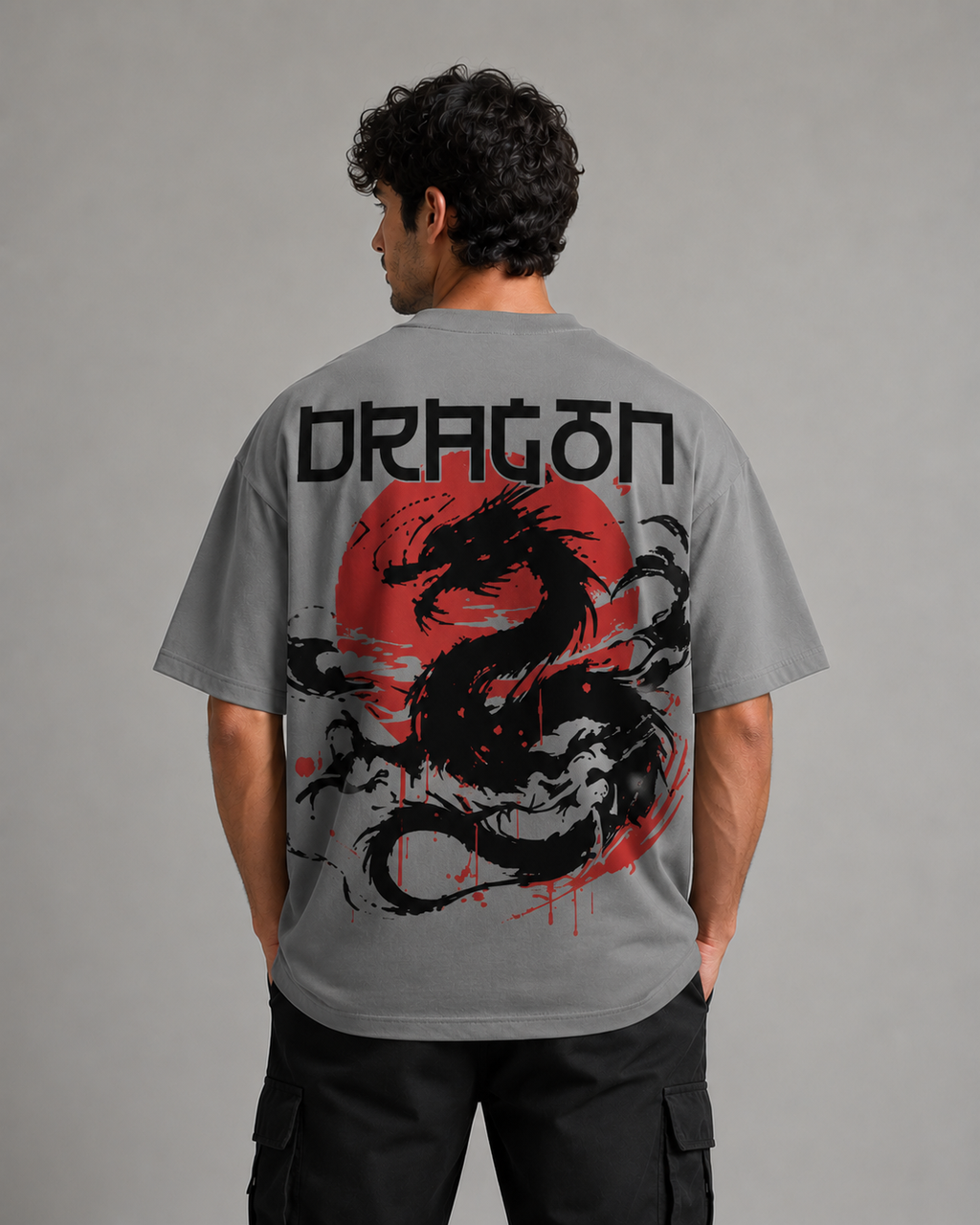 Dragon Shadow Oversized Graphic T-Shirt – Grey