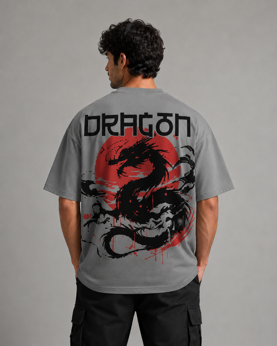Dragon Shadow Oversized Graphic T-Shirt – Grey