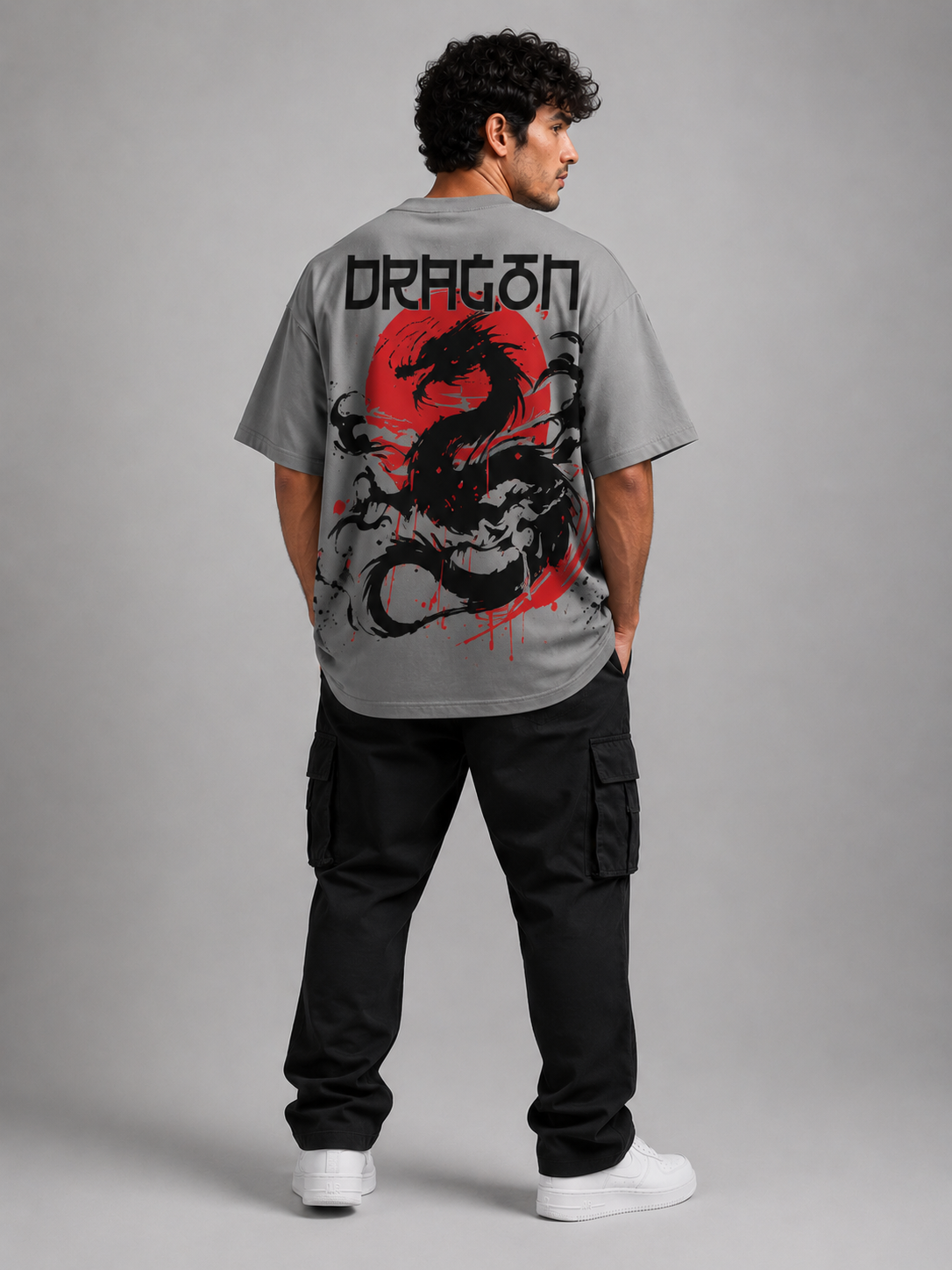 Dragon Shadow Oversized Graphic T-Shirt – Grey