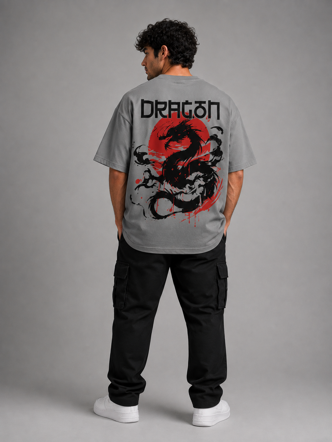 Dragon Shadow Oversized Graphic T-Shirt – Grey