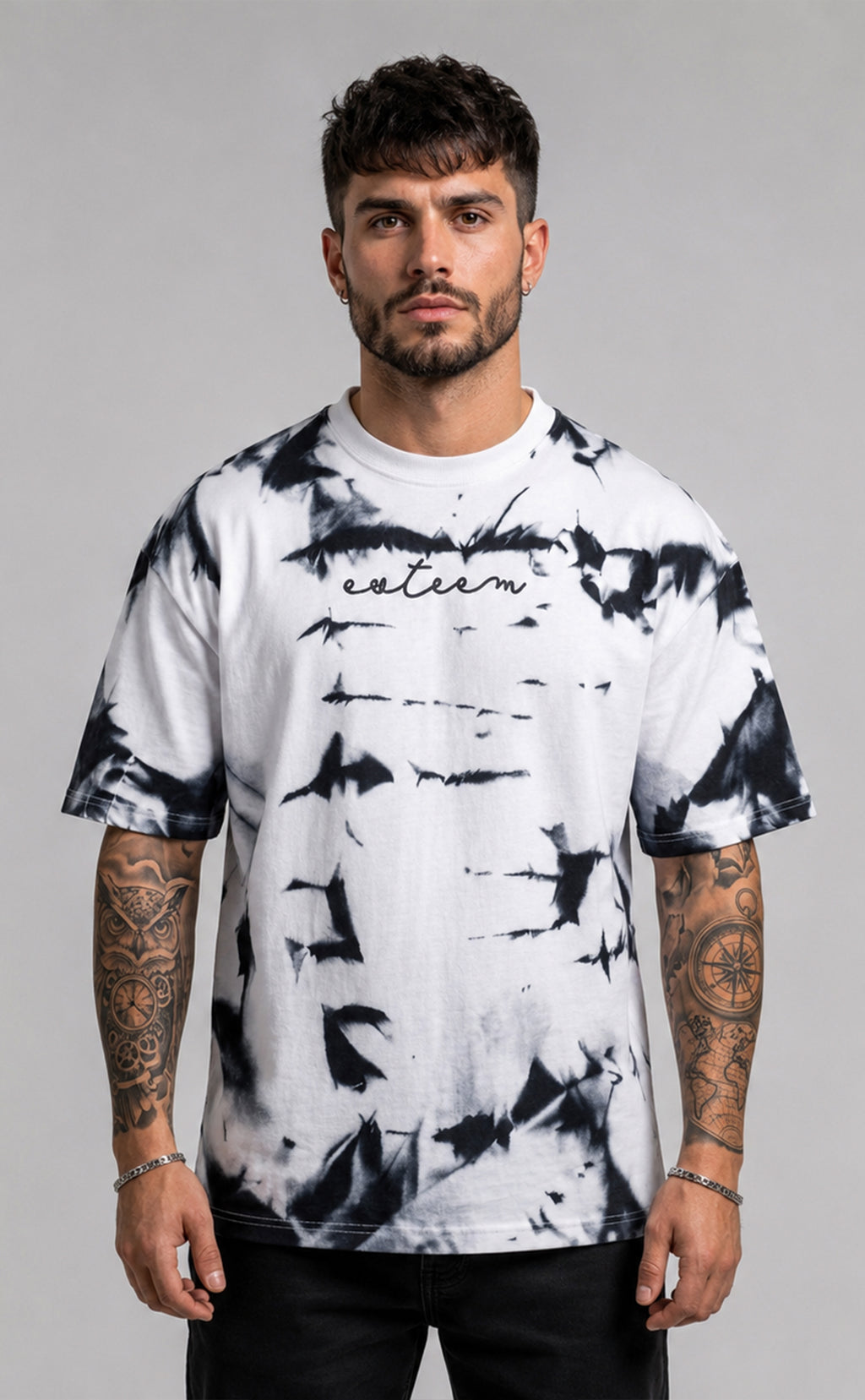 Premium Oversized Tie-Dye T-Shirt for Men | Black & White Cotton Streetwear Tee