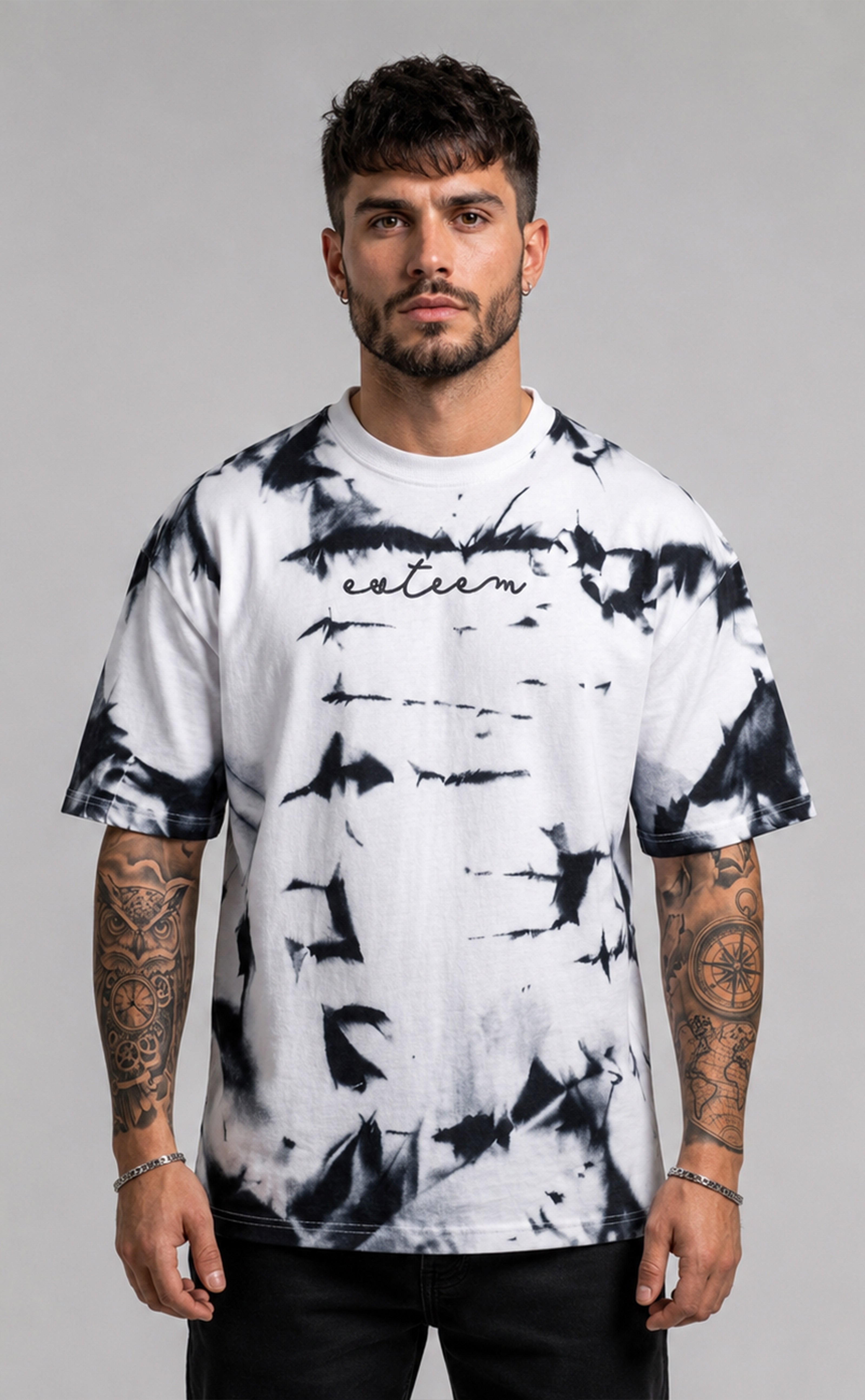 Premium Oversized Tie-Dye T-Shirt for Men | Black & White Cotton Streetwear Tee