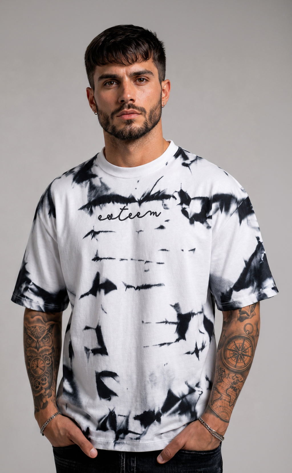 Premium Oversized Tie-Dye T-Shirt for Men | Black & White Cotton Streetwear Tee