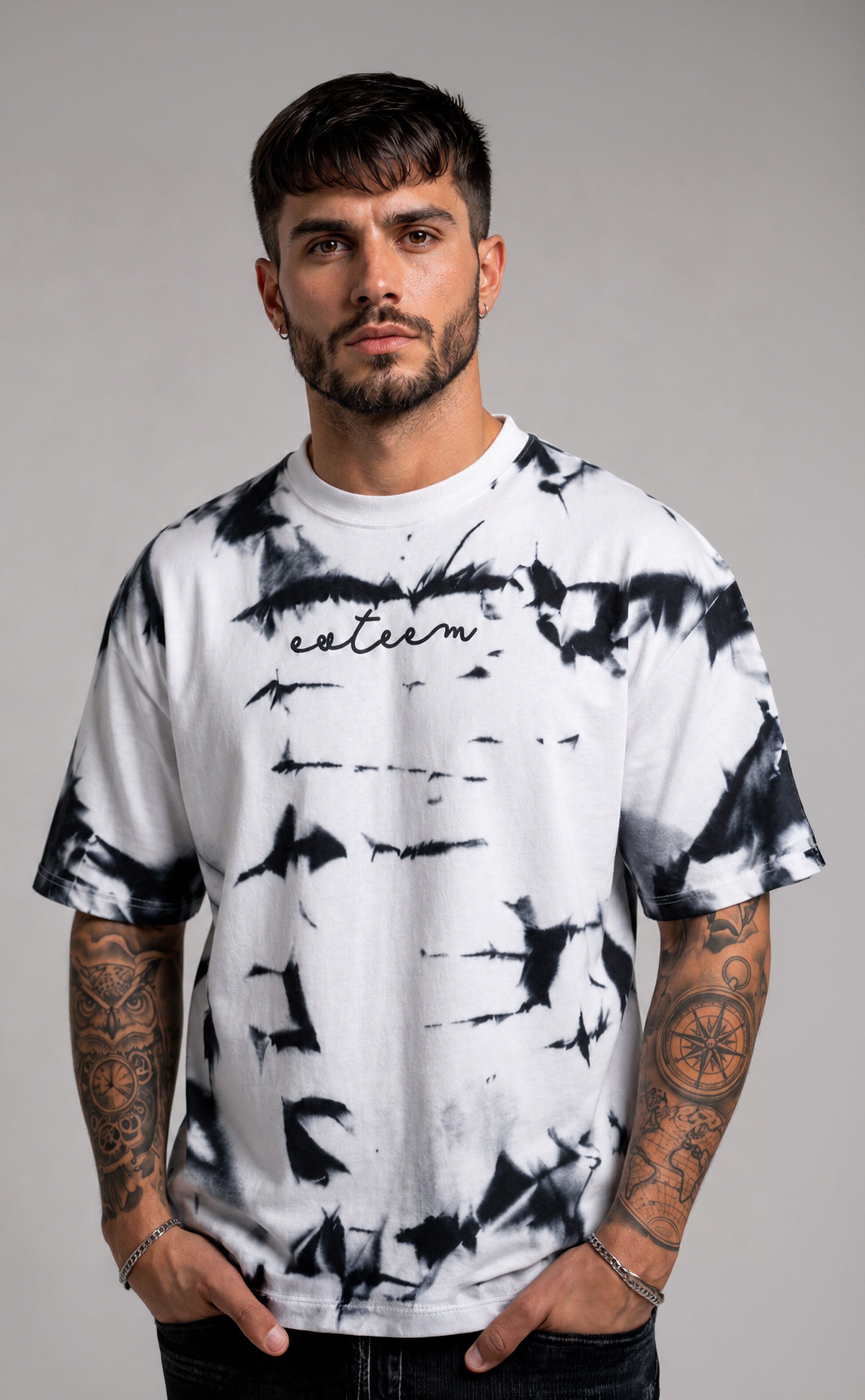 Premium Oversized Tie-Dye T-Shirt for Men | Black & White Cotton Streetwear Tee