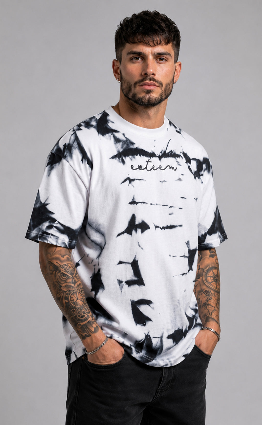 Premium Oversized Tie-Dye T-Shirt for Men | Black & White Cotton Streetwear Tee