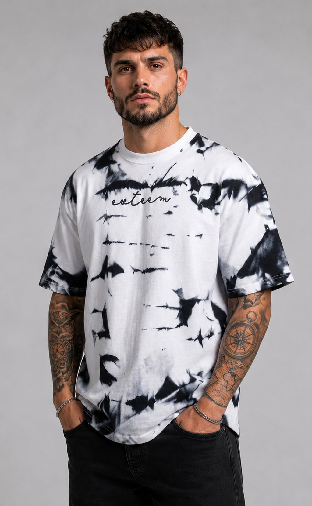 Premium Oversized Tie-Dye T-Shirt for Men | Black & White Cotton Streetwear Tee