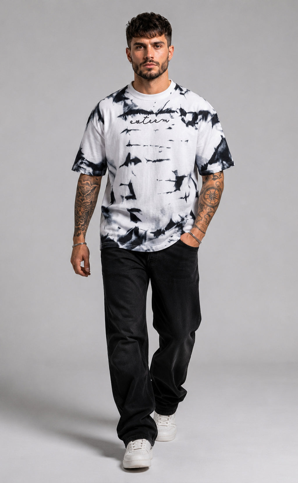 Premium Oversized Tie-Dye T-Shirt for Men | Black & White Cotton Streetwear Tee