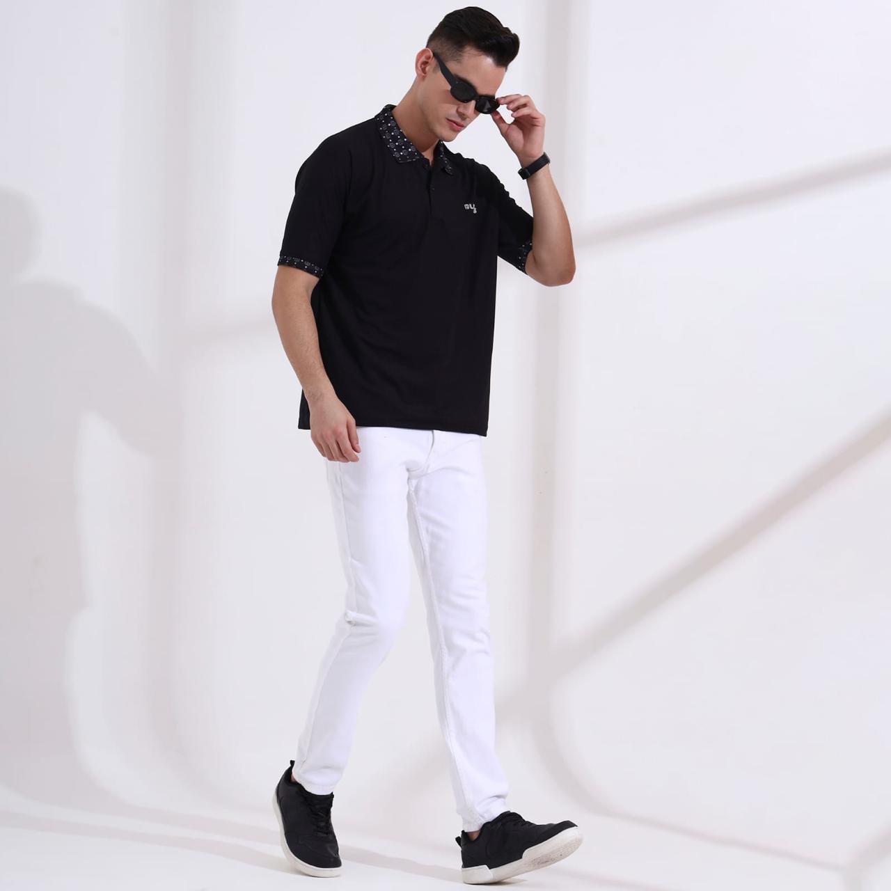 Men’s Premium Black Polo T-Shirt – Short Sleeve Slim Fit Polo with Patterned Collar & Cuffs