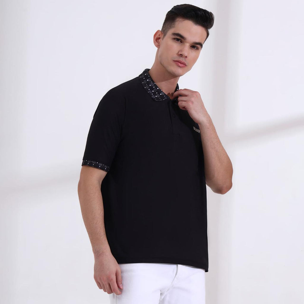 Men’s Premium Black Polo T-Shirt – Short Sleeve Slim Fit Polo with Patterned Collar & Cuffs
