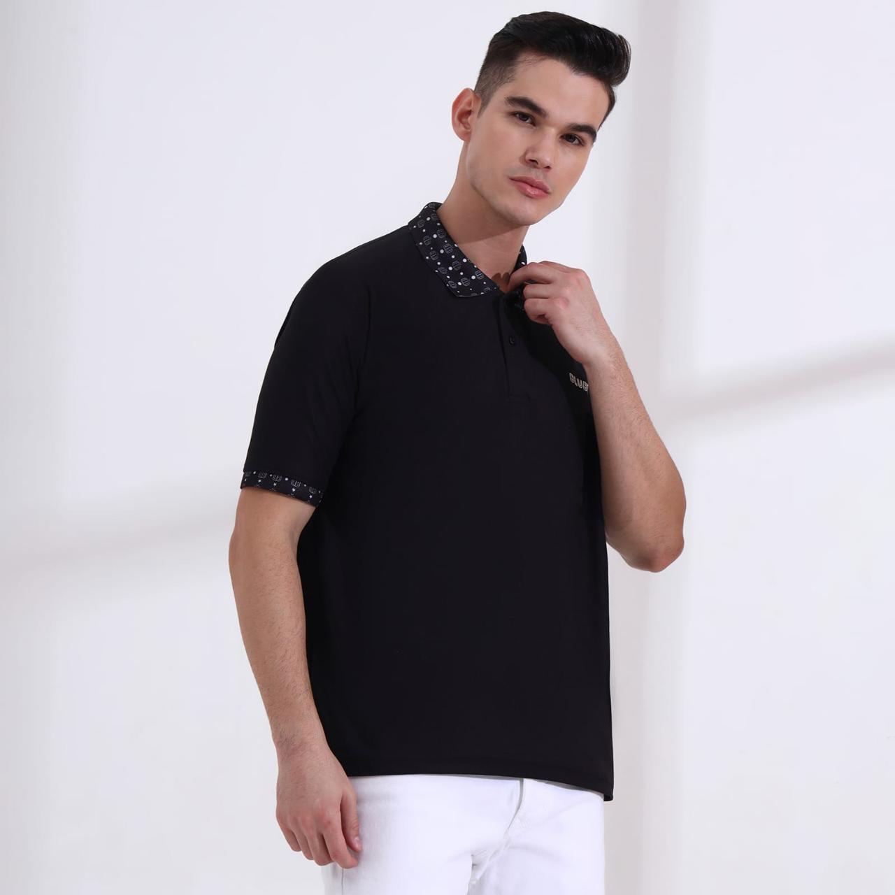 Men’s Premium Black Polo T-Shirt – Short Sleeve Slim Fit Polo with Patterned Collar & Cuffs
