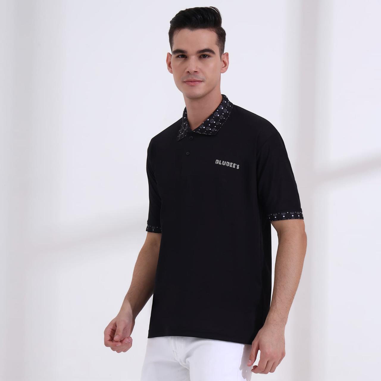 Men’s Premium Black Polo T-Shirt – Short Sleeve Slim Fit Polo with Patterned Collar & Cuffs