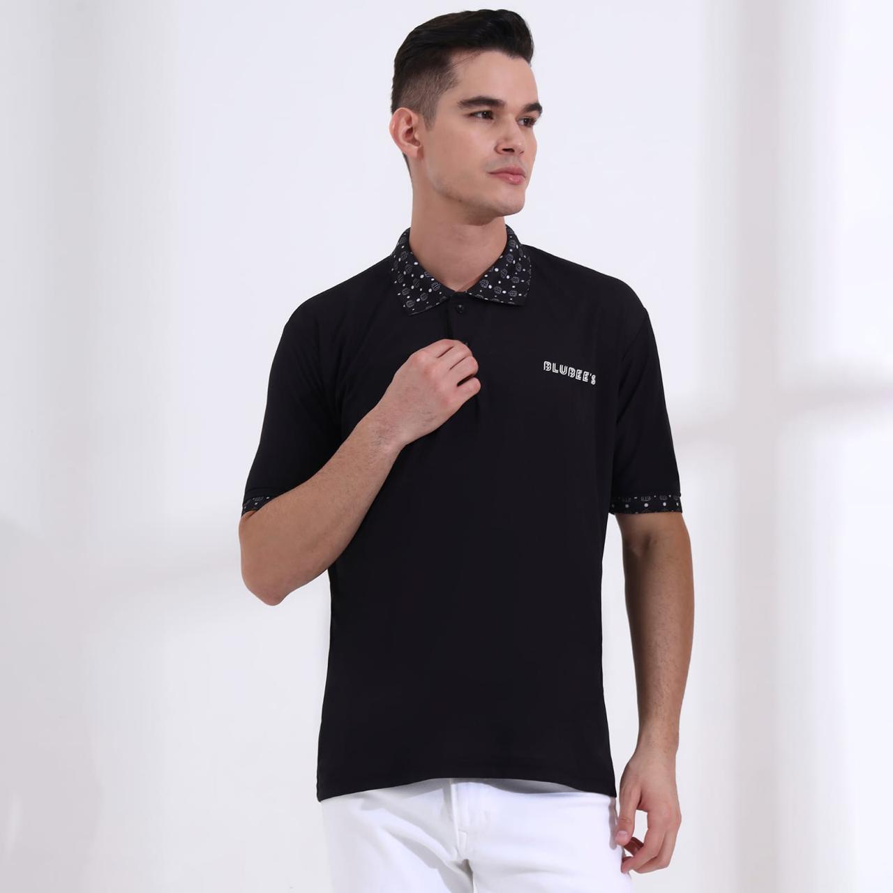 Men’s Premium Black Polo T-Shirt – Short Sleeve Slim Fit Polo with Patterned Collar & Cuffs