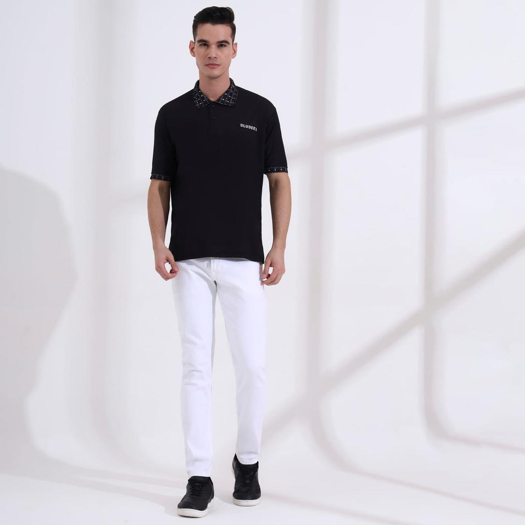 Men’s Premium Black Polo T-Shirt – Short Sleeve Slim Fit Polo with Patterned Collar & Cuffs