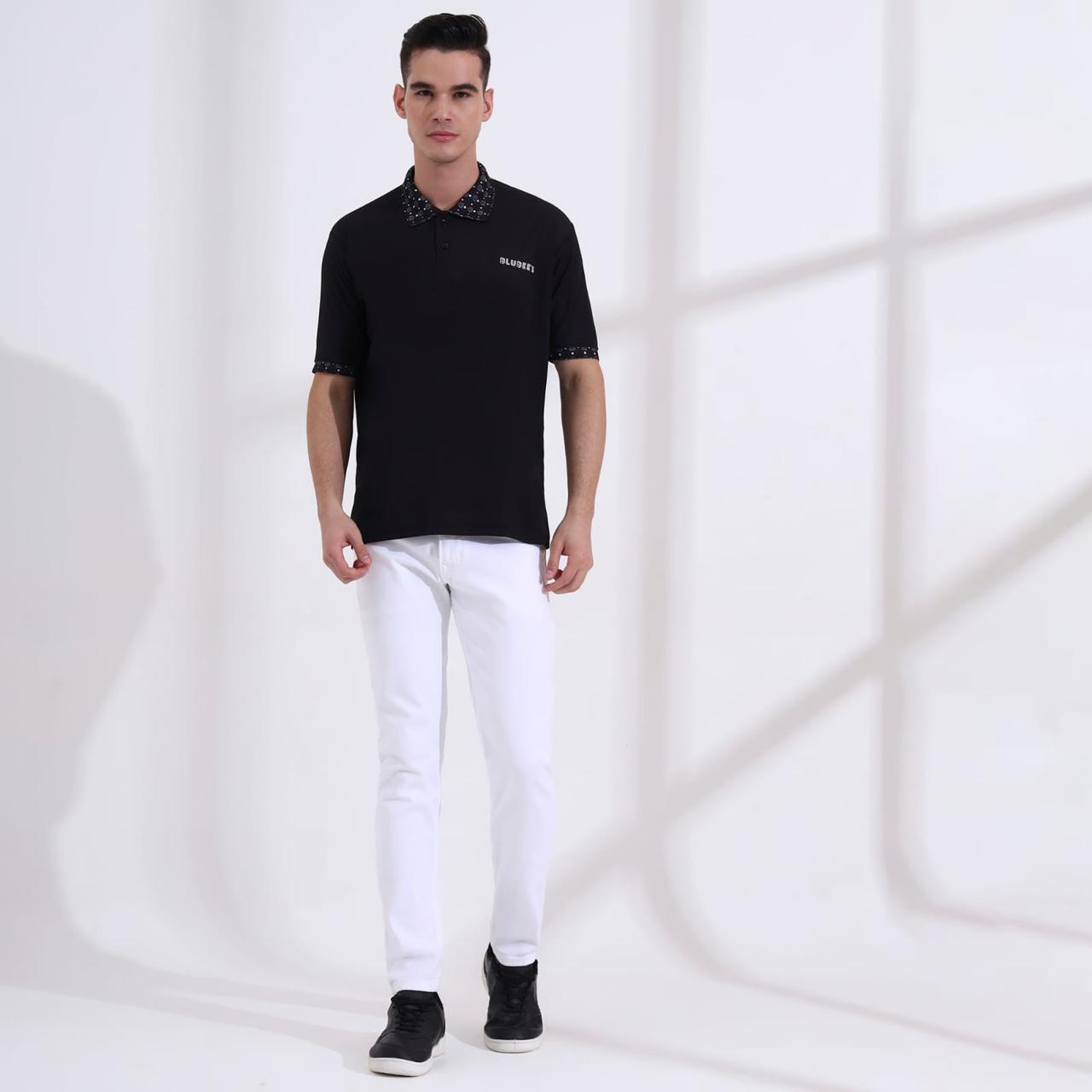 Men’s Premium Black Polo T-Shirt – Short Sleeve Slim Fit Polo with Patterned Collar & Cuffs