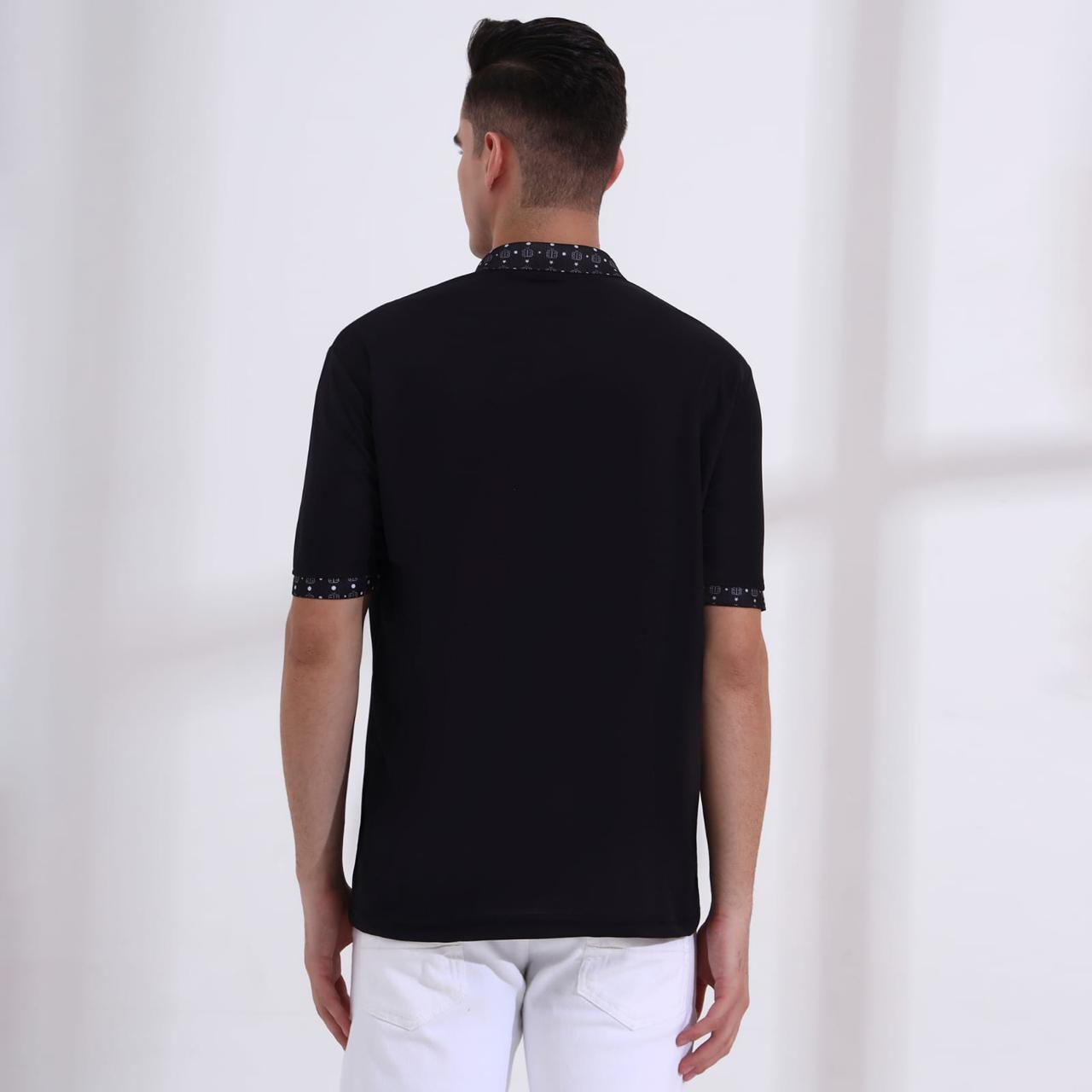 Men’s Premium Black Polo T-Shirt – Short Sleeve Slim Fit Polo with Patterned Collar & Cuffs