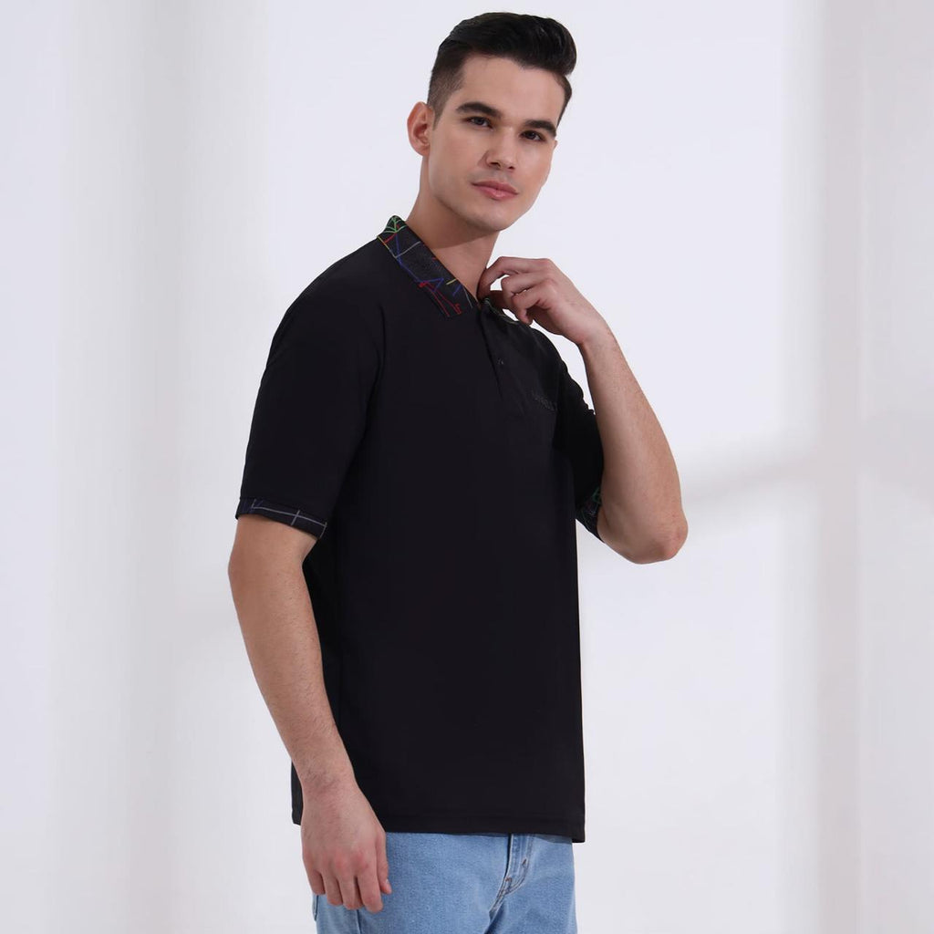 Men’s Classic Black Polo T-Shirt – Short Sleeve Slim Fit Polo with Vibrant Neon Geometric Printed Collar & Cuffs