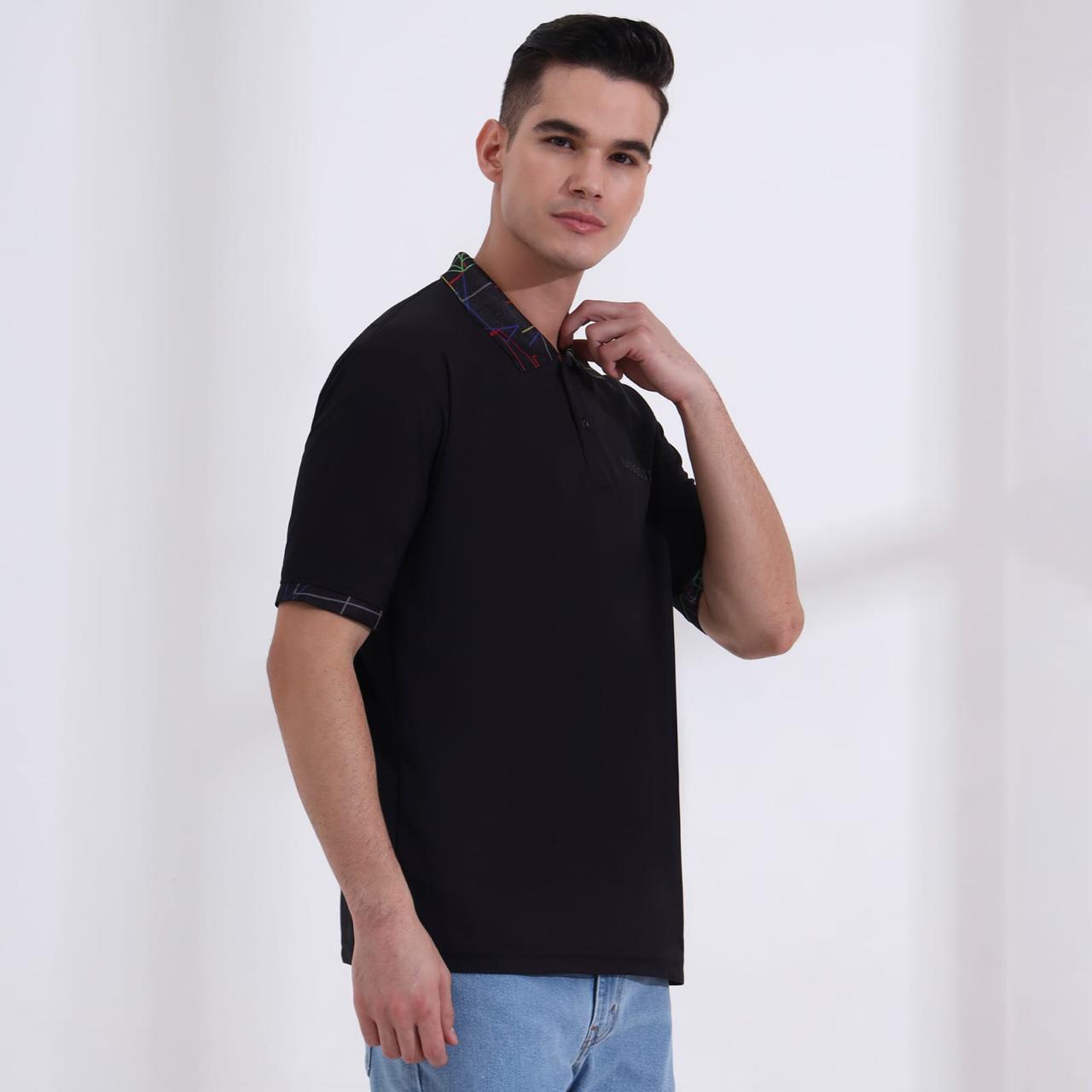 Men’s Classic Black Polo T-Shirt – Short Sleeve Slim Fit Polo with Vibrant Neon Geometric Printed Collar & Cuffs