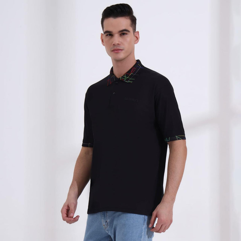 Men’s Classic Black Polo T-Shirt – Short Sleeve Slim Fit Polo with Vibrant Neon Geometric Printed Collar & Cuffs