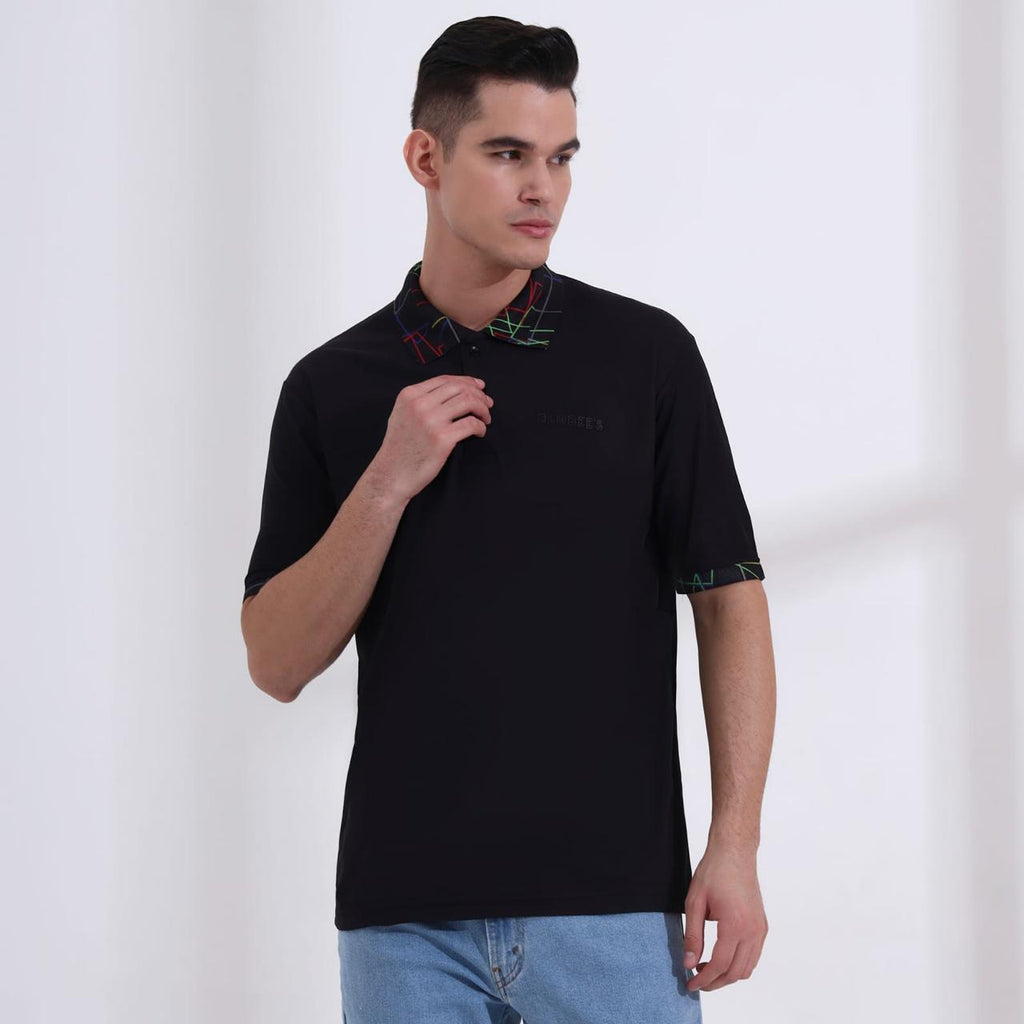 Men’s Classic Black Polo T-Shirt – Short Sleeve Slim Fit Polo with Vibrant Neon Geometric Printed Collar & Cuffs