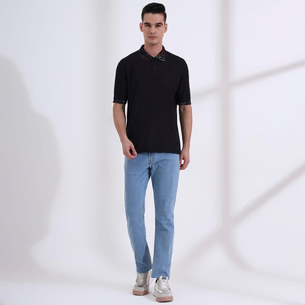 Men’s Classic Black Polo T-Shirt – Short Sleeve Slim Fit Polo with Vibrant Neon Geometric Printed Collar & Cuffs