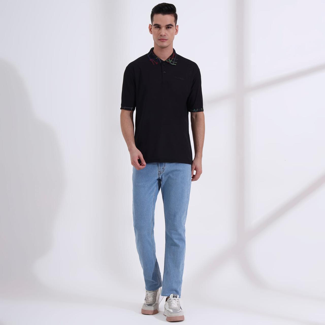 Men’s Classic Black Polo T-Shirt – Short Sleeve Slim Fit Polo with Vibrant Neon Geometric Printed Collar & Cuffs