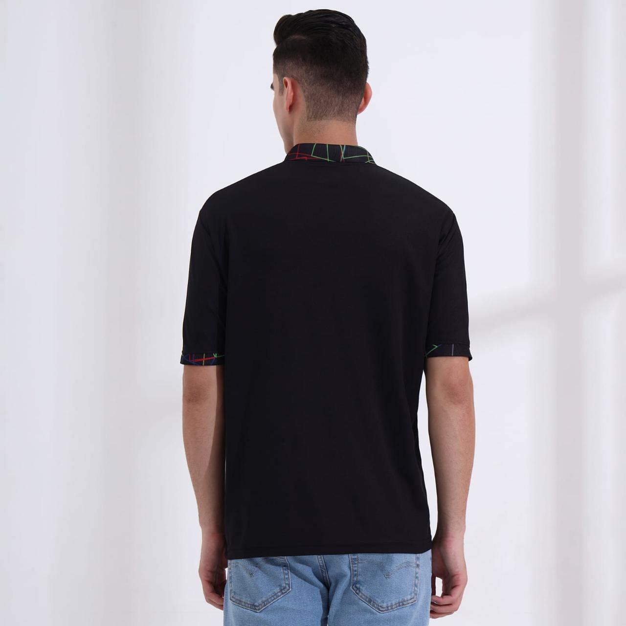 Men’s Classic Black Polo T-Shirt – Short Sleeve Slim Fit Polo with Vibrant Neon Geometric Printed Collar & Cuffs