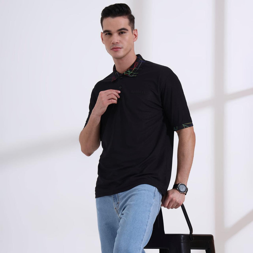 Men’s Classic Black Polo T-Shirt – Short Sleeve Slim Fit Polo with Vibrant Neon Geometric Printed Collar & Cuffs
