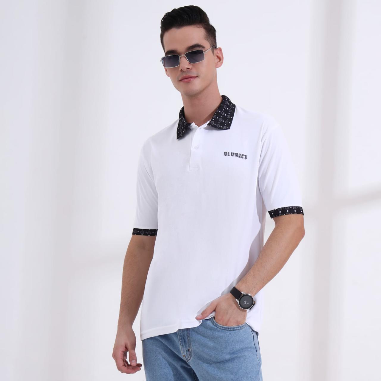 Men’s Premium White Polo T-Shirt – Short Sleeve Slim Fit Polo with Patterned Collar & Cuffs