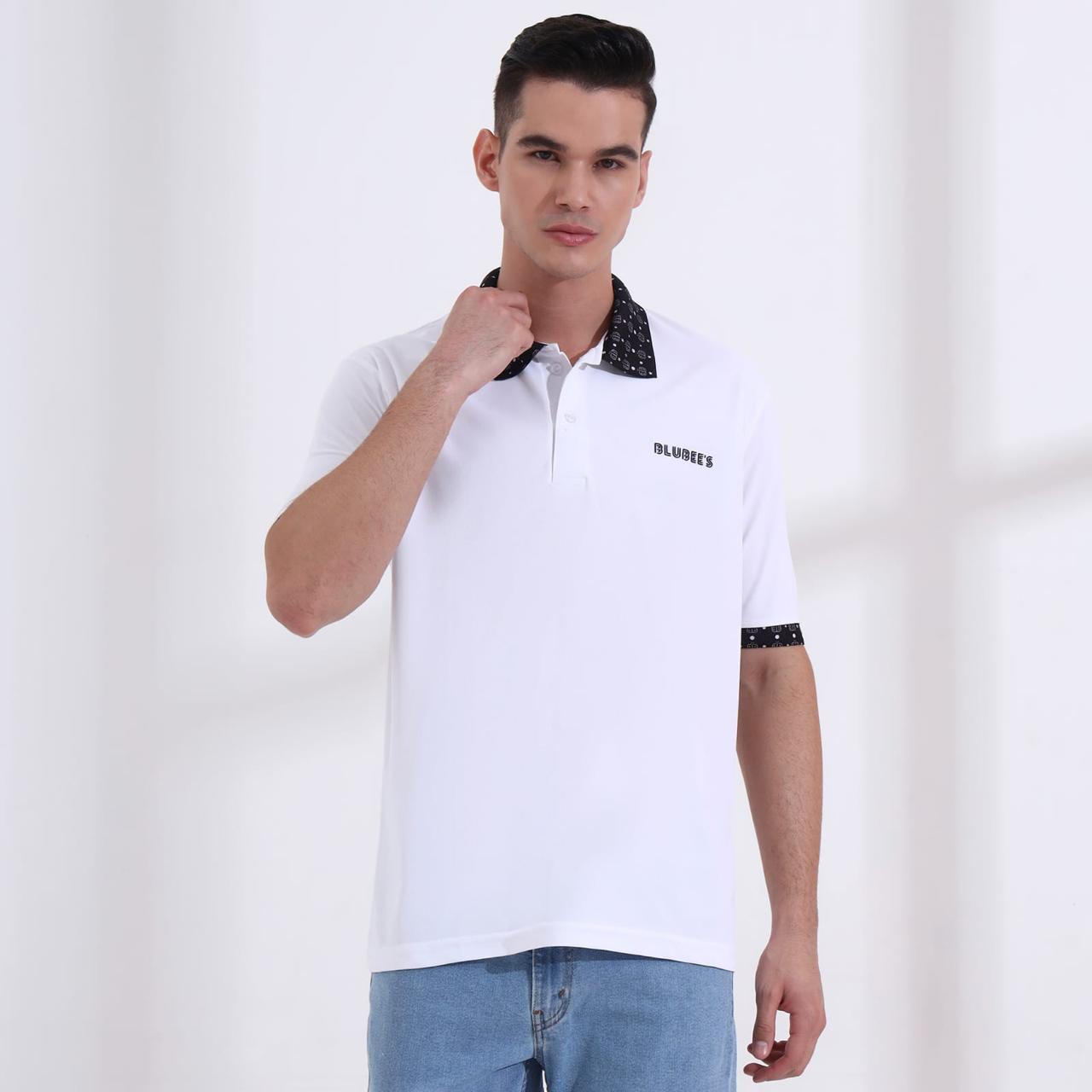 Men’s Premium White Polo T-Shirt – Short Sleeve Slim Fit Polo with Patterned Collar & Cuffs
