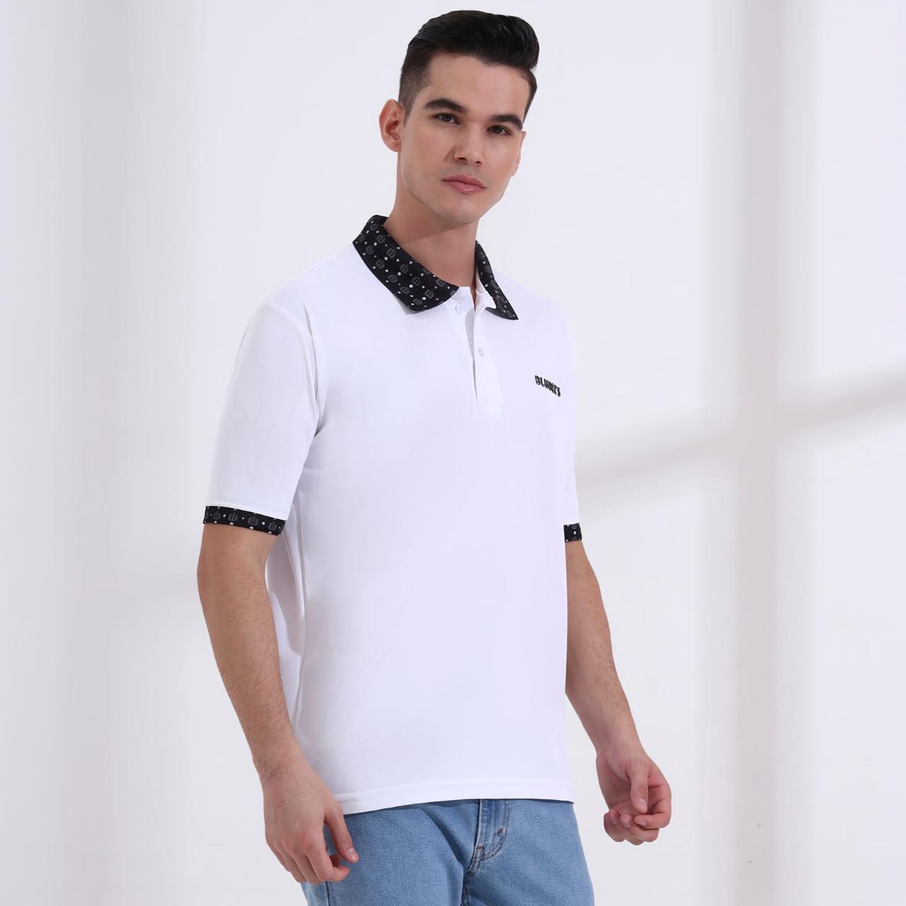 Men’s Premium White Polo T-Shirt – Short Sleeve Slim Fit Polo with Patterned Collar & Cuffs