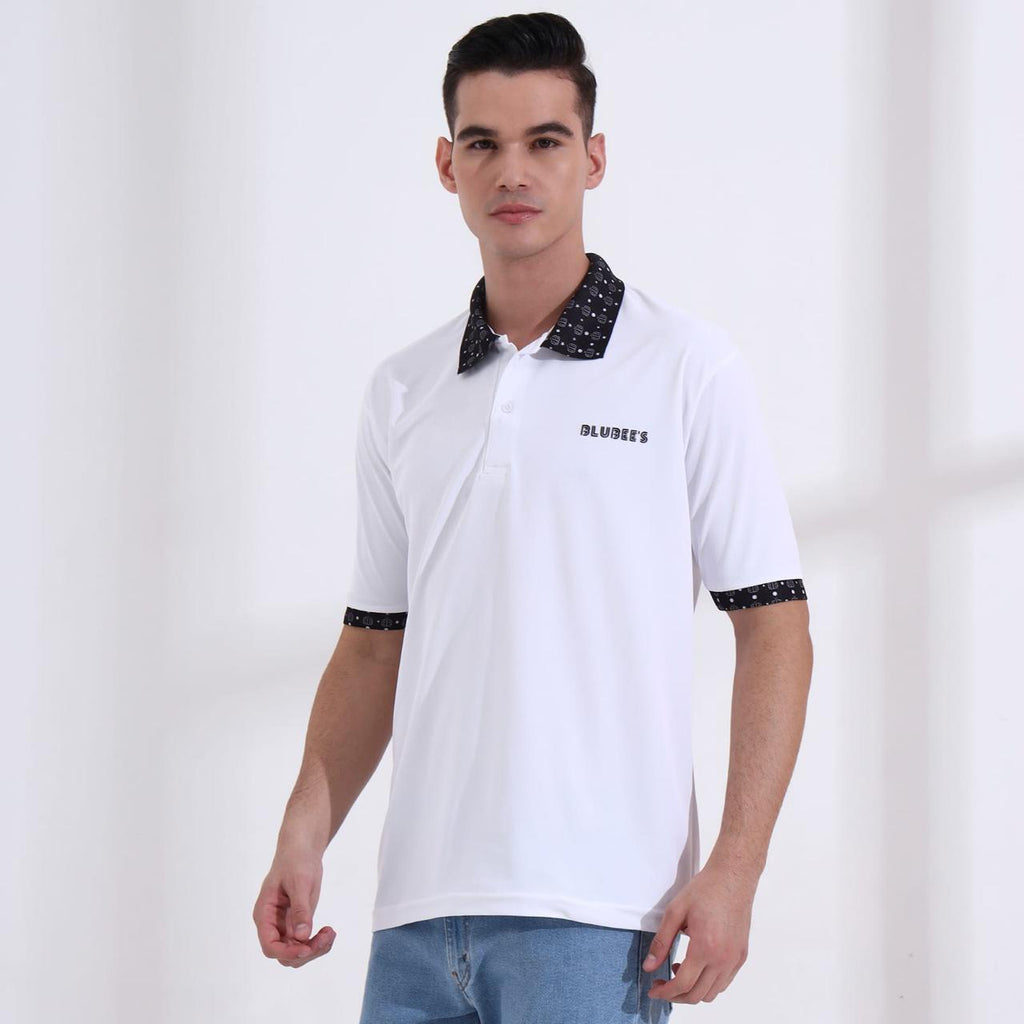 Men’s Premium White Polo T-Shirt – Short Sleeve Slim Fit Polo with Patterned Collar & Cuffs