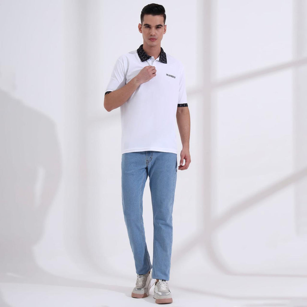 Men’s Premium White Polo T-Shirt – Short Sleeve Slim Fit Polo with Patterned Collar & Cuffs