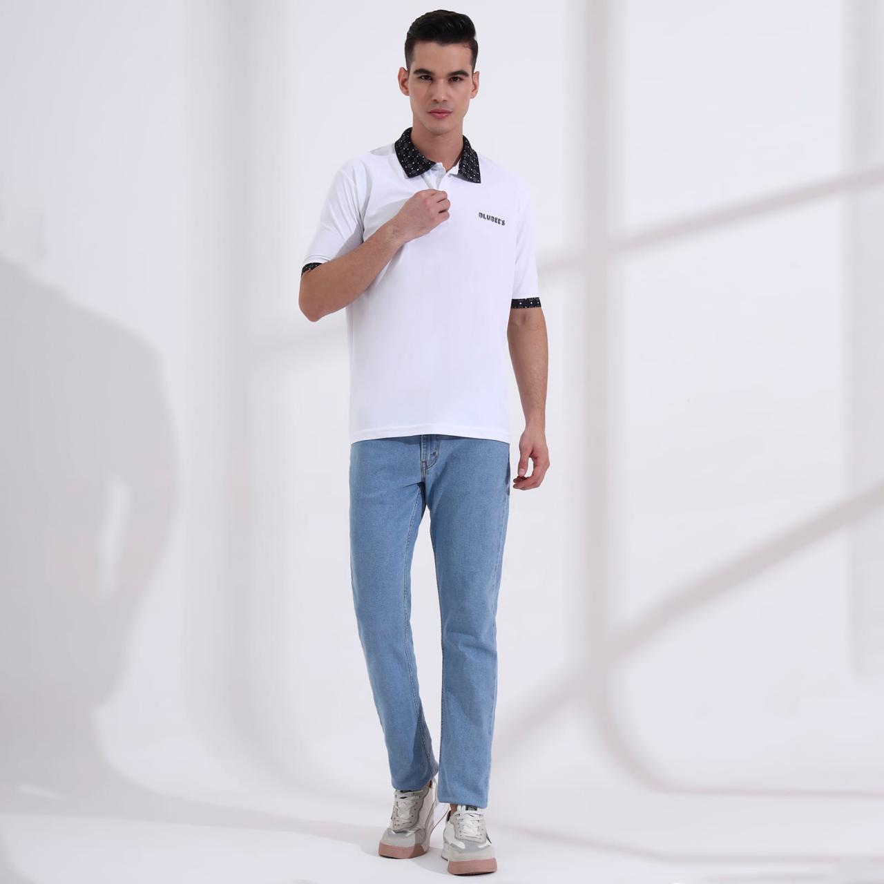 Men’s Premium White Polo T-Shirt – Short Sleeve Slim Fit Polo with Patterned Collar & Cuffs