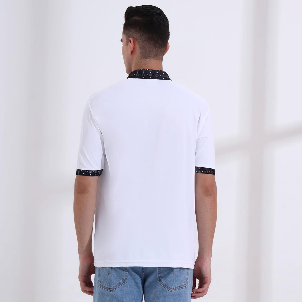 Men’s Premium White Polo T-Shirt – Short Sleeve Slim Fit Polo with Patterned Collar & Cuffs