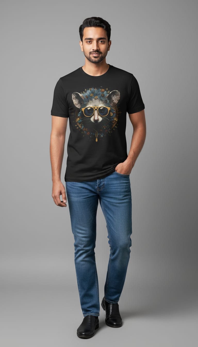 Boho Raccoon with Sunglasses" Graphic Tee – Premium Black T-Shirt