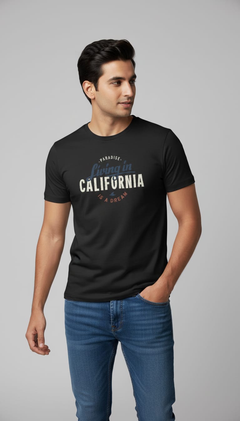 Men's "Living in California" Graphic T-Shirt – Casual Black Short Sleeve Crew Neck Tee