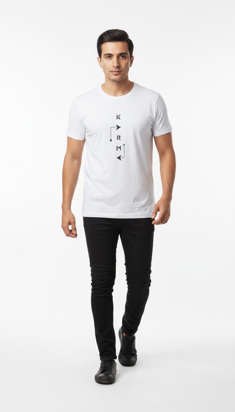 Men's "KARMA" Vertical Graphic T-Shirt – Minimalist White Short Sleeve Round Neck