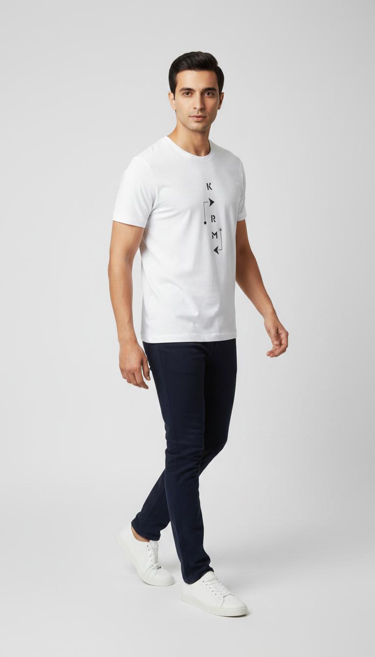 Men's "KARMA" Vertical Graphic T-Shirt – Minimalist White Short Sleeve Round Neck