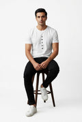 Men's "KARMA" Vertical Graphic T-Shirt – Minimalist White Short Sleeve Round Neck
