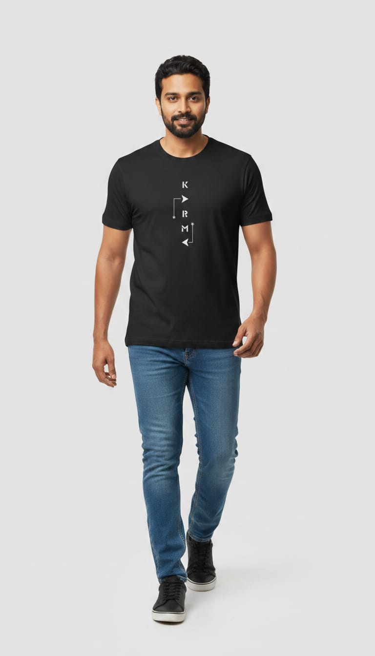 Men's "KARMA" Vertical Graphic T-Shirt – Minimalist Black Short Sleeve Round Neck