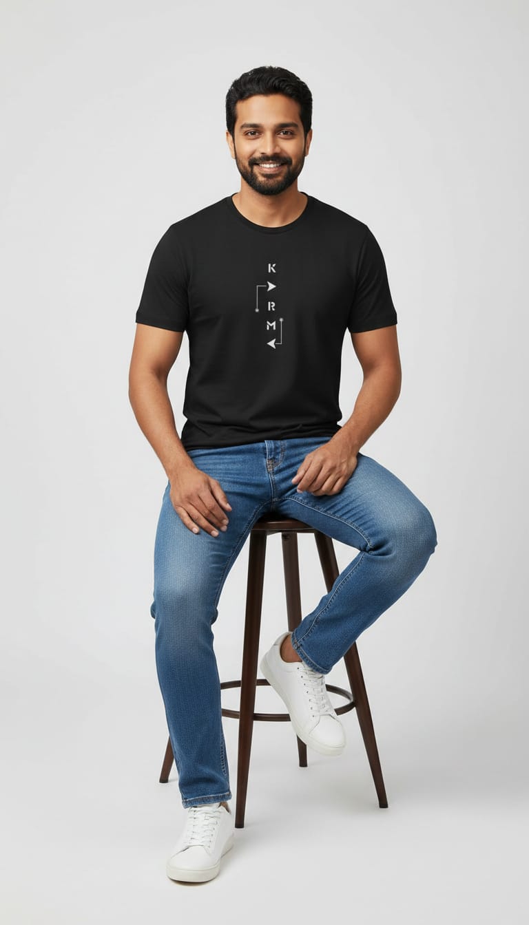 Men's "KARMA" Vertical Graphic T-Shirt – Minimalist Black Short Sleeve Round Neck