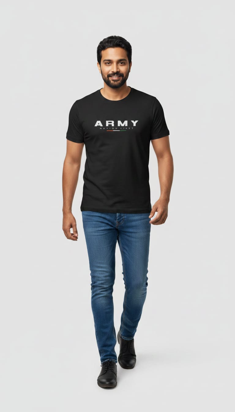 Men's "ARMY - Nation First" Graphic T-Shirt – Patriotic Black Short Sleeve Round Neck