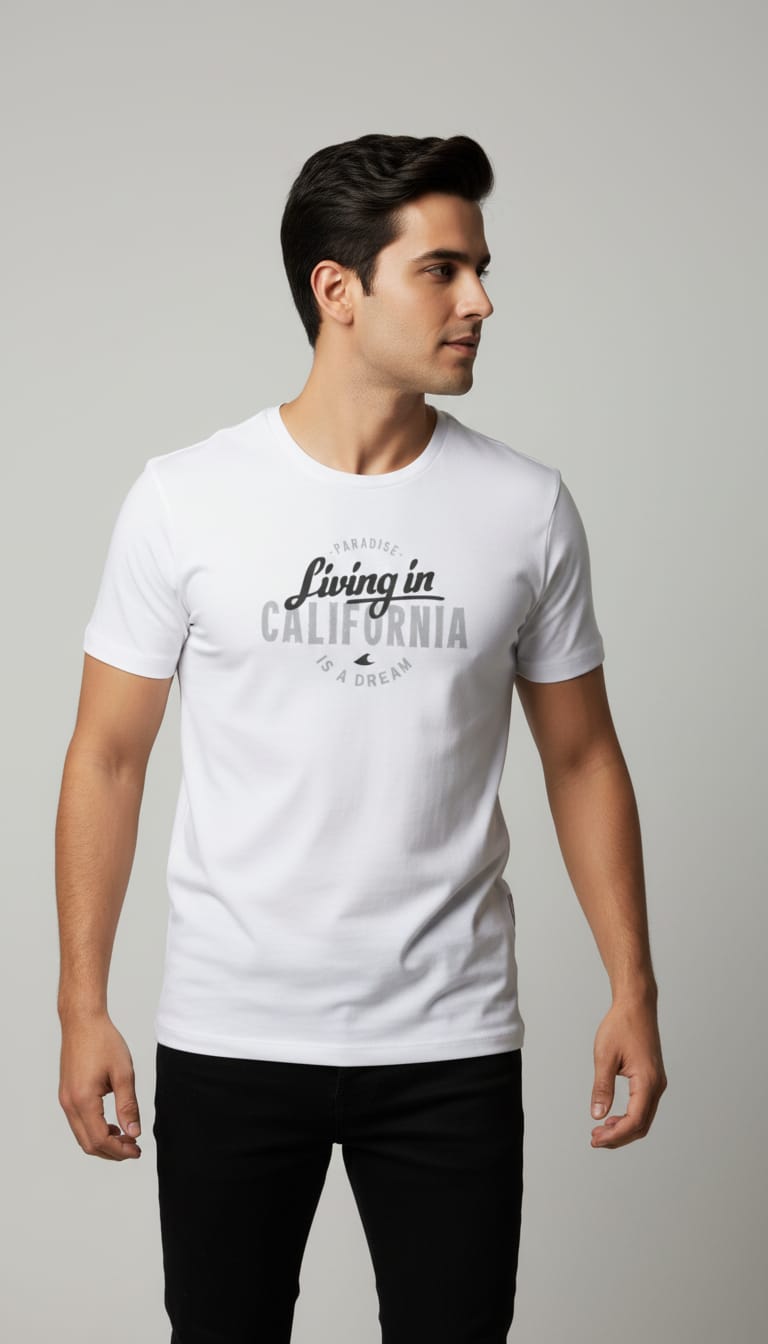Men's "Living in California" Graphic T-Shirt – Casual White Short Sleeve Round Neck