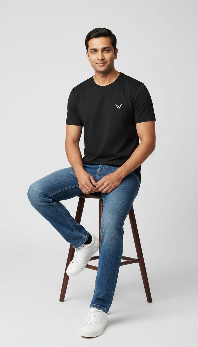 Men's Solid Black Round Neck Half Sleeve Cotton Blend T-Shirt | Regular Fit Casual Wear