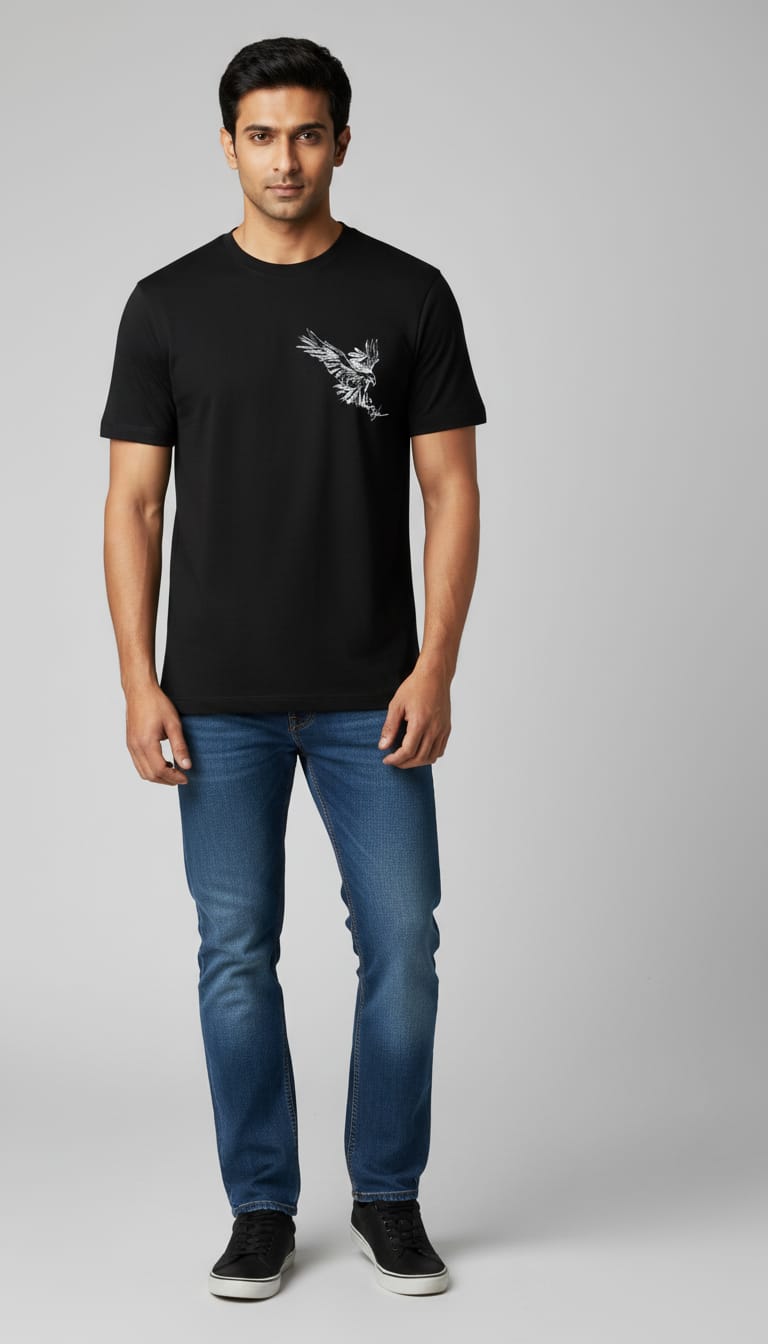 Men's Regular Fit Cotton Round Neck T-Shirt | Black Casual Graphic Printed Tee – Left-Chest Eagle Sketch Design