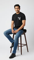 Men's Regular Fit Cotton Round Neck T-Shirt | Black Casual Graphic Printed Tee – Left-Chest Eagle Sketch Design