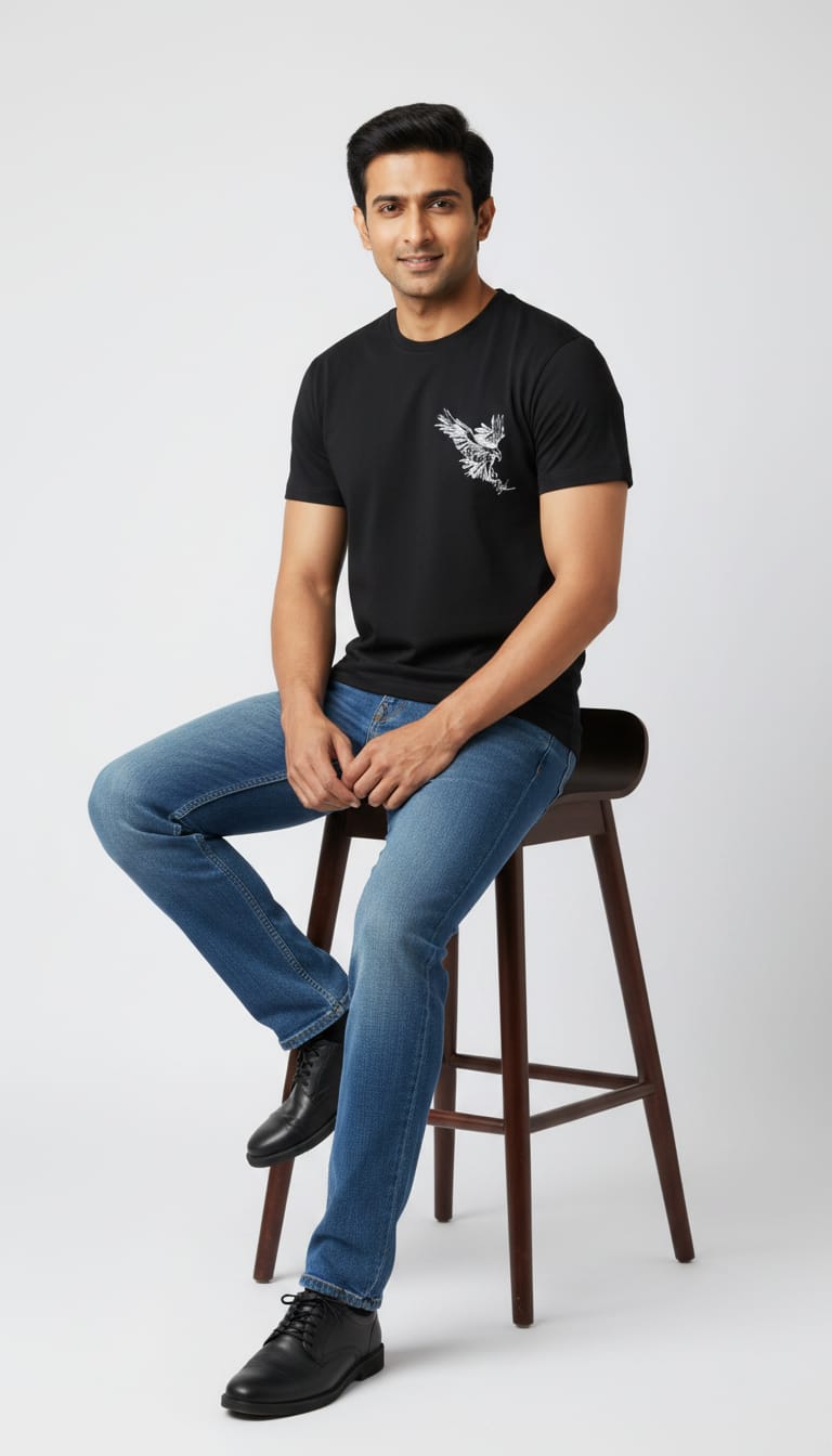 Men's Regular Fit Cotton Round Neck T-Shirt | Black Casual Graphic Printed Tee – Left-Chest Eagle Sketch Design