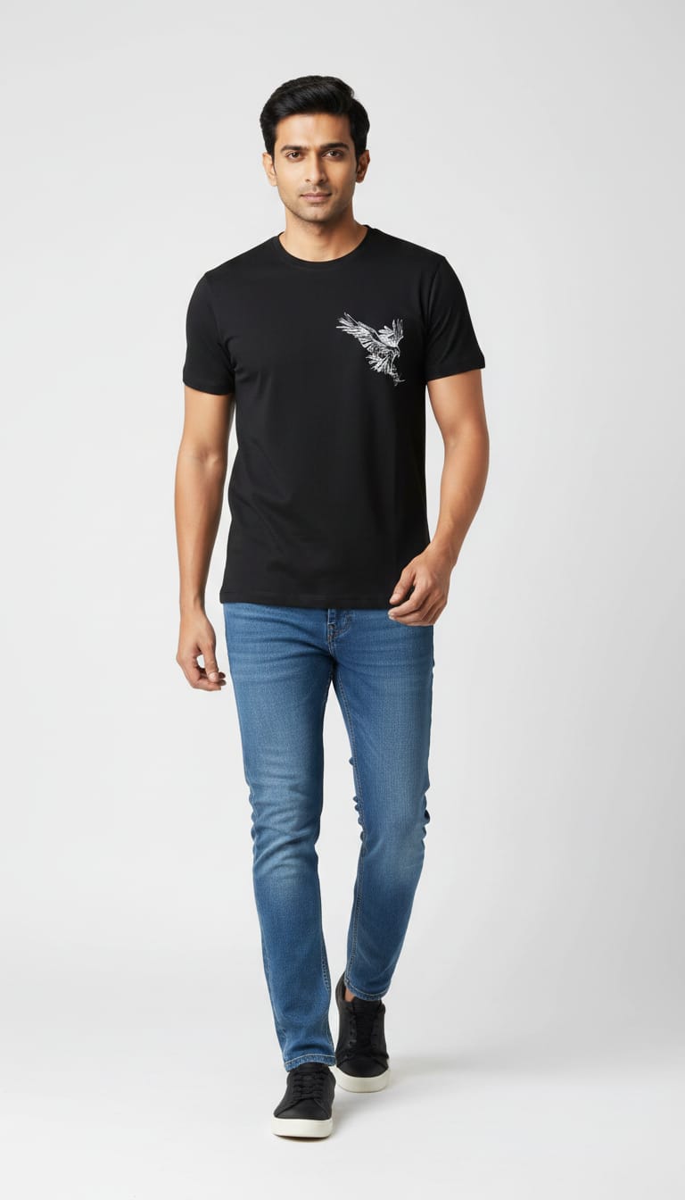 Men's Regular Fit Cotton Round Neck T-Shirt | Black Casual Graphic Printed Tee – Left-Chest Eagle Sketch Design