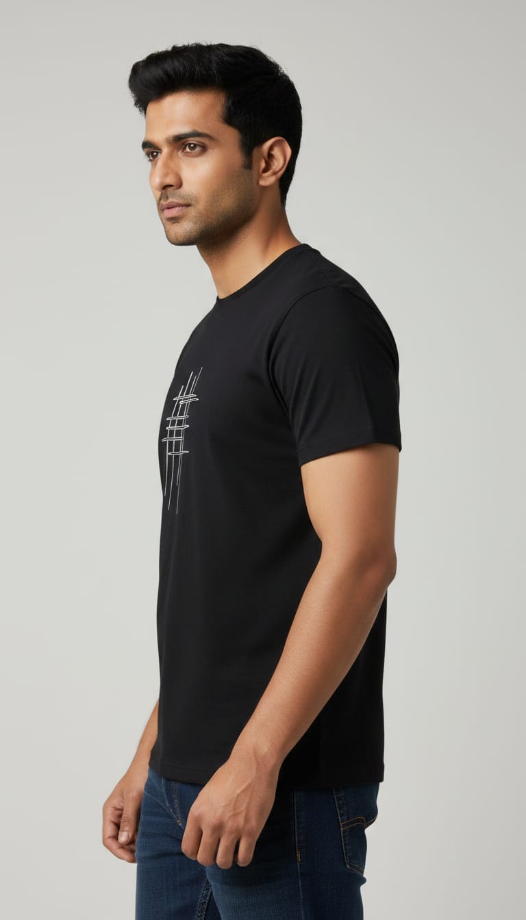 Men's Regular Fit Cotton Round Neck T-Shirt | Black Casual Graphic Printed Tee – Fine Line Abstract Crosshatch Design
